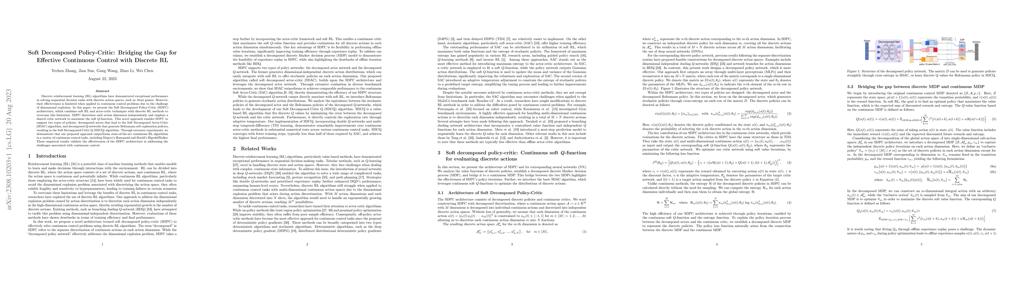 Thumbnail for Soft Decomposed Policy-Critic: Bridging the Gap for Effective Continuous
  Control with Discrete RL