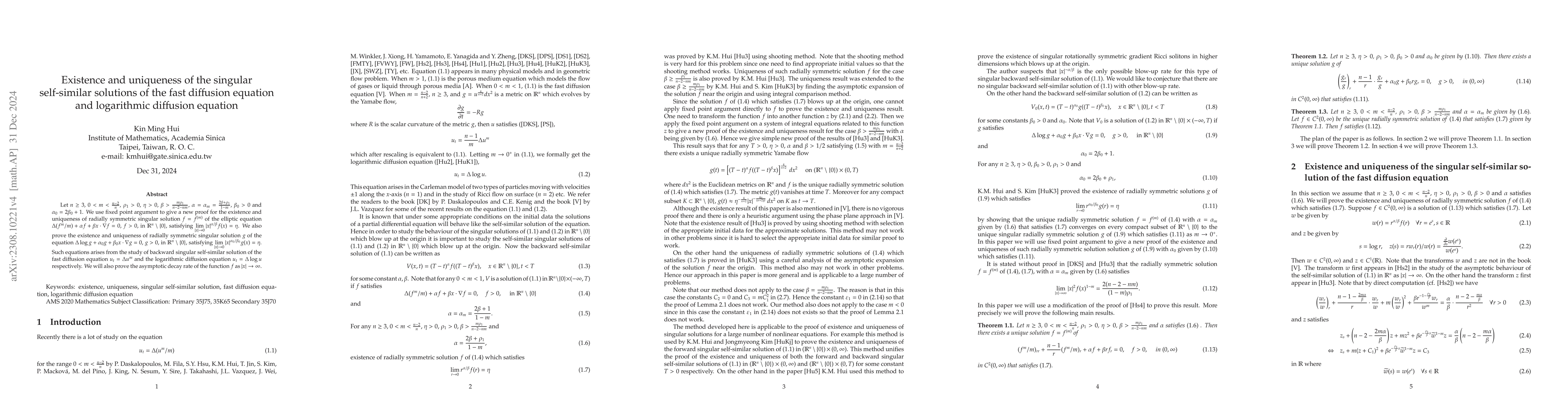 Thumbnail for Existence and uniqueness of the singular self-similar solutions of the
  fast diffusion equation and logarithmic diffusion equation