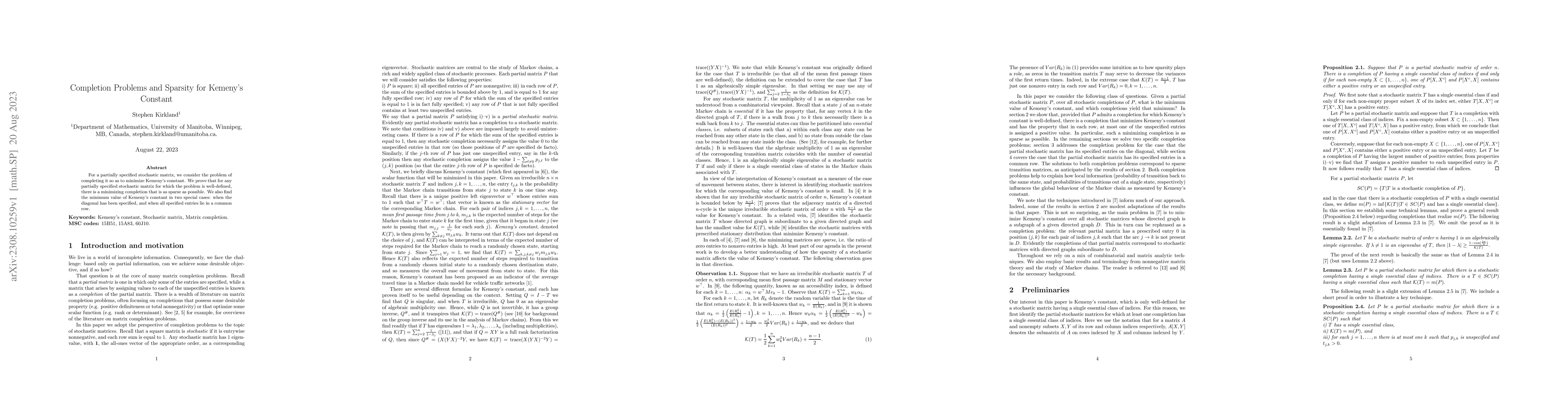 Thumbnail for Completion Problems and Sparsity for Kemeny's Constant