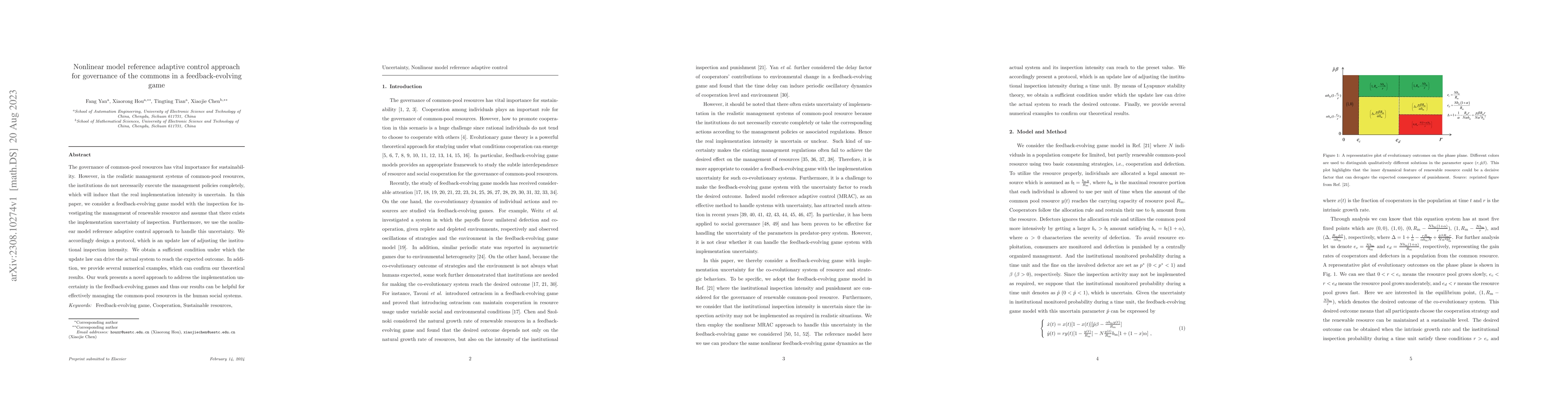 Thumbnail for Nonlinear model reference adaptive control approach for governance of
  the commons in a feedback-evolving game