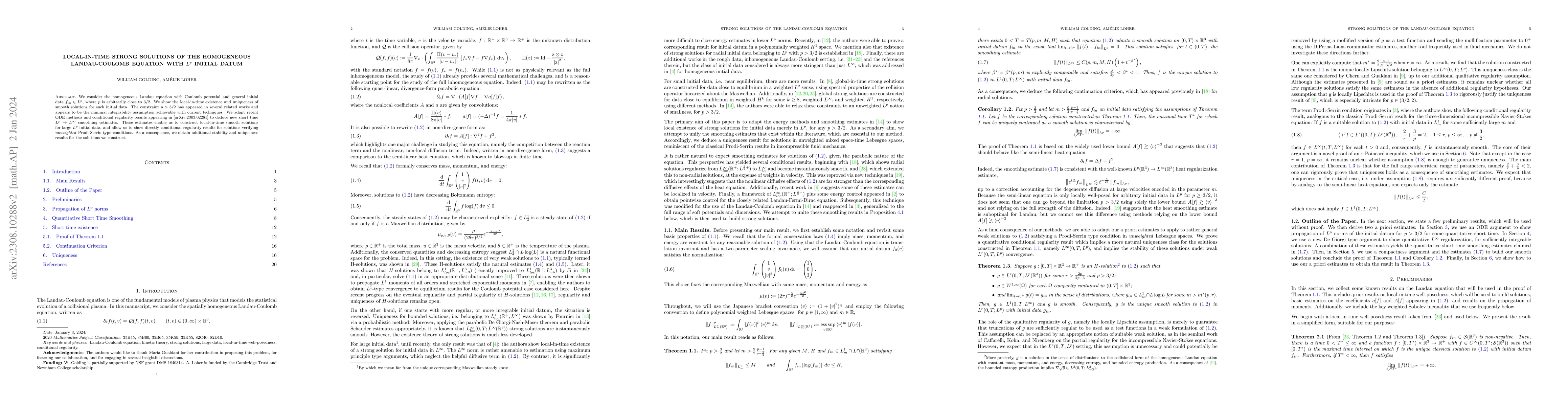 Thumbnail for Local-in-time strong solutions of the homogeneous Landau-Coulomb
  equation with $L^p$ initial datum
