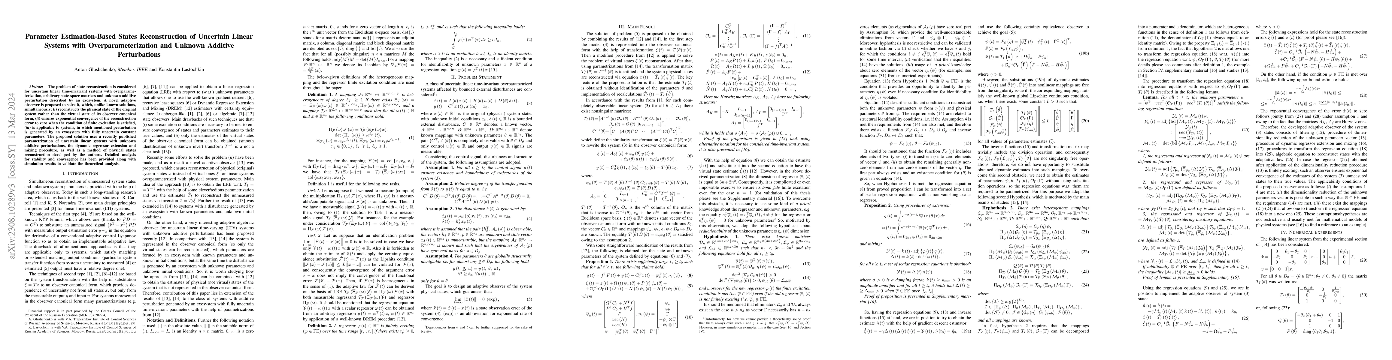Thumbnail for Parameter Estimation-Based States Reconstruction of Uncertain Linear
  Systems with Overparameterization and Unknown Additive Perturbations