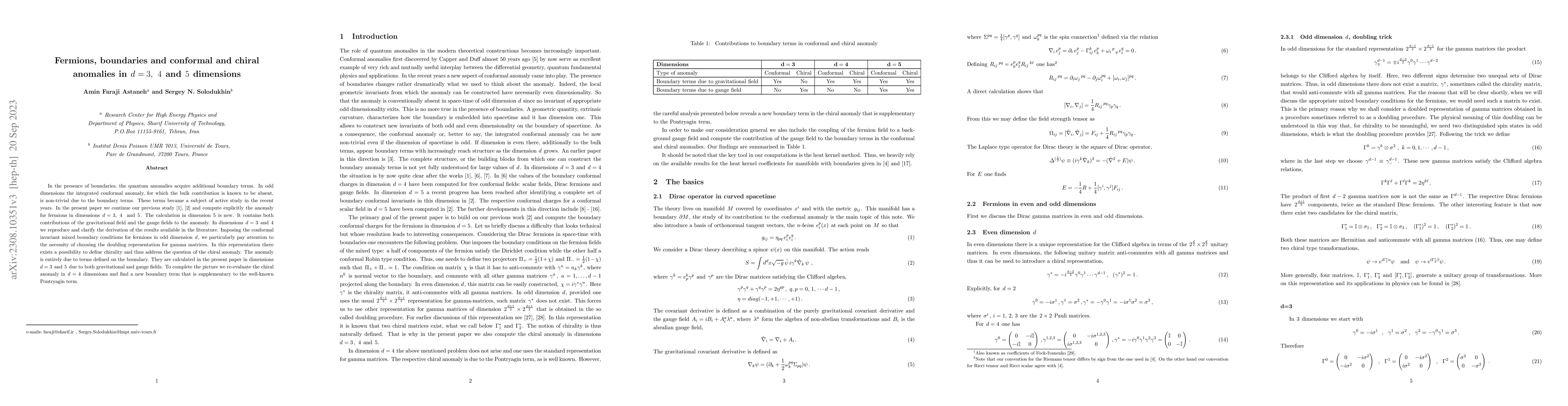 Thumbnail for Fermions, boundaries and conformal and chiral anomalies in $d=3,\ 4$ and
  $5$ dimensions