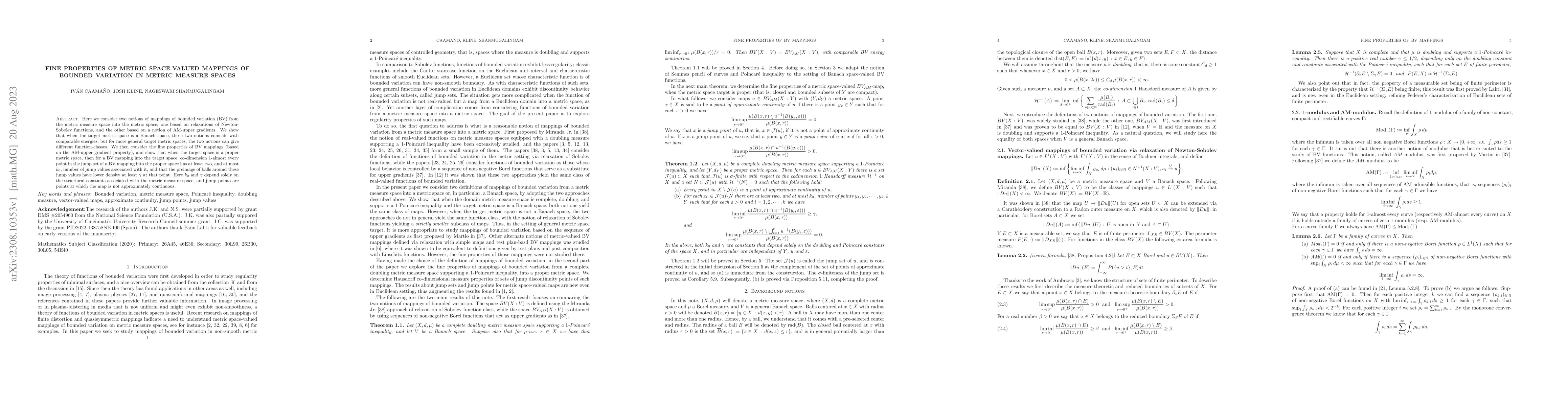 Thumbnail for Fine properties of metric space-valued mappings of bounded variation in
  metric measure spaces