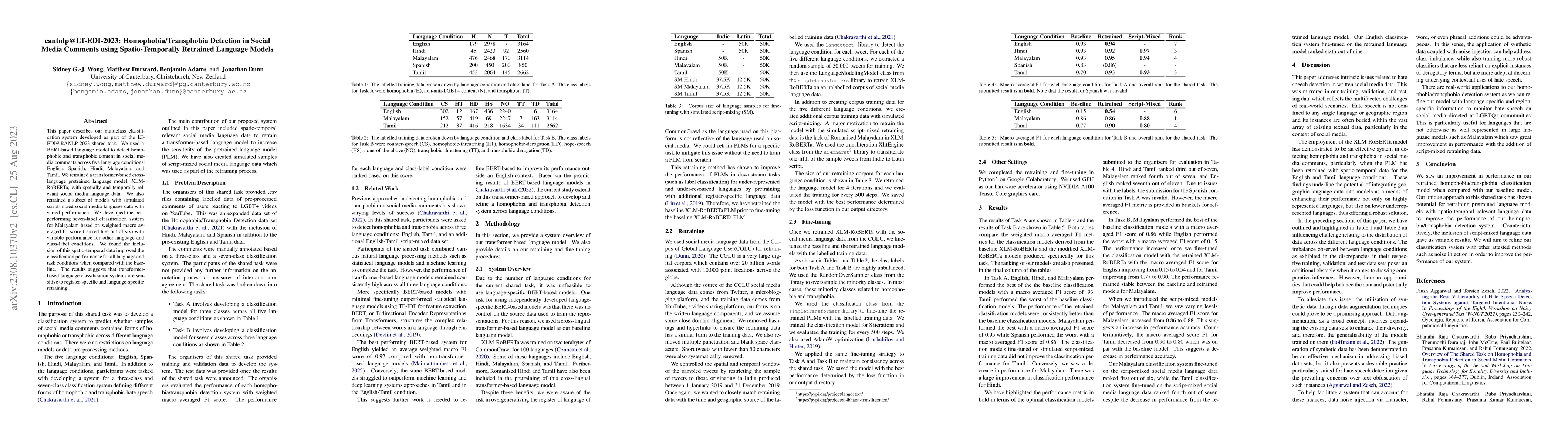 Thumbnail for cantnlp@LT-EDI-2023: Homophobia/Transphobia Detection in Social Media
  Comments using Spatio-Temporally Retrained Language Models