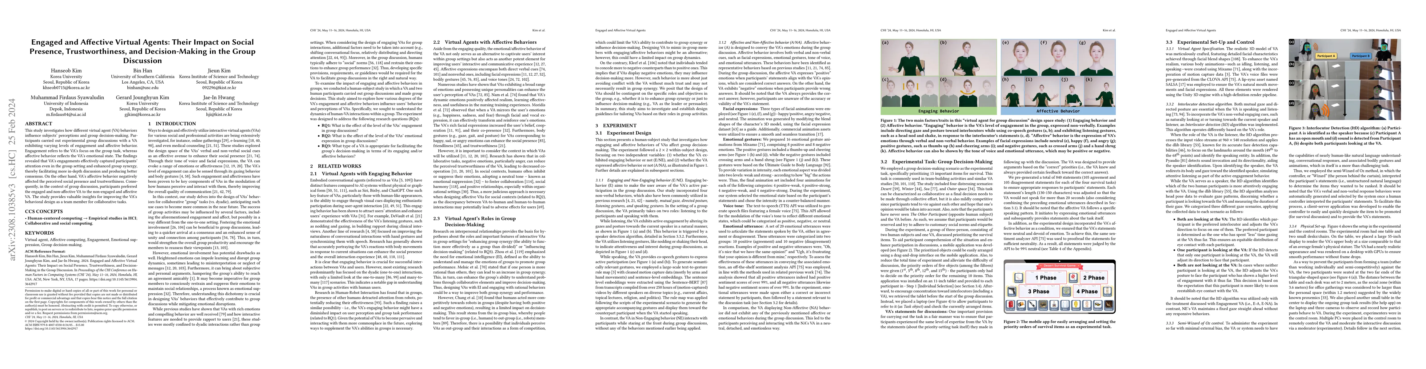 Thumbnail for Engaged and Affective Virtual Agents: Their Impact on Social Presence,
  Trustworthiness, and Decision-Making in the Group Discussion