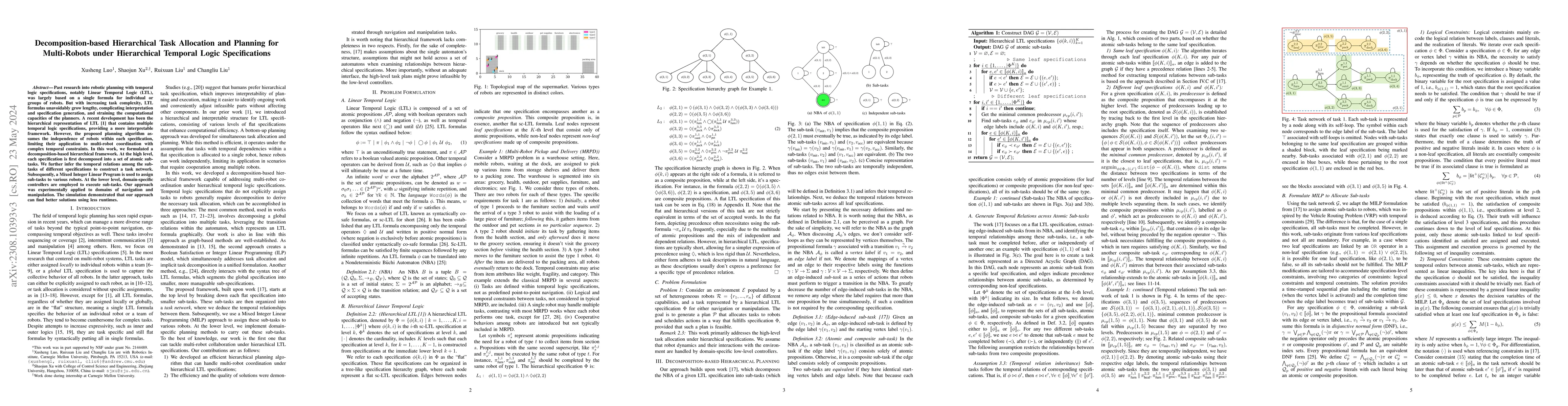 Thumbnail for Decomposition-based Hierarchical Task Allocation and Planning for
  Multi-Robots under Hierarchical Temporal Logic Specifications