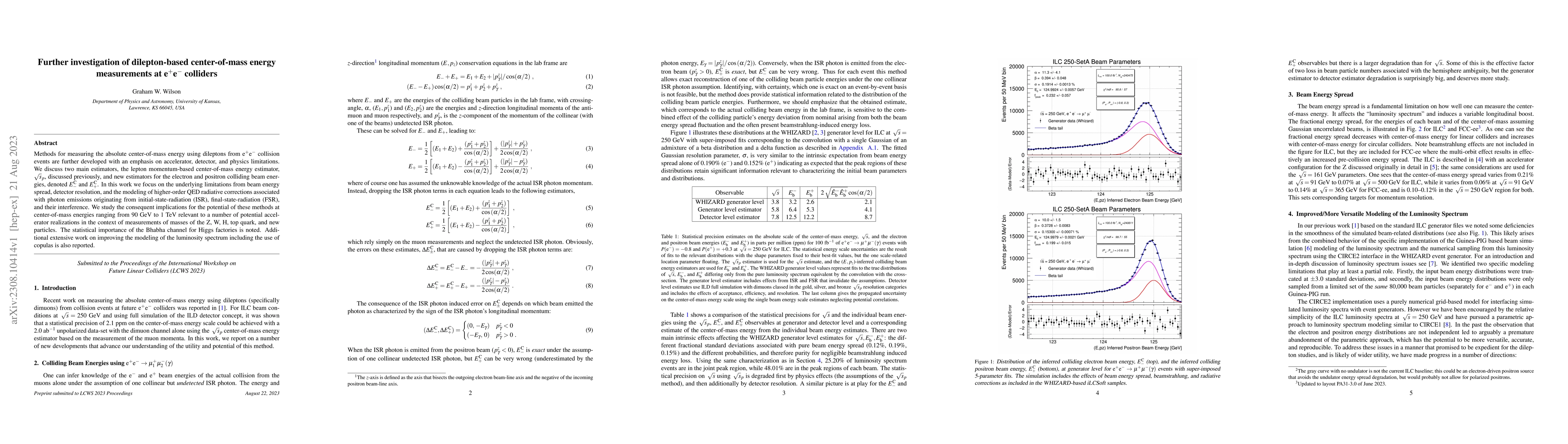 Thumbnail for Further investigation of dilepton-based center-of-mass energy
  measurements at e$^{+}$e$^{-}$ colliders