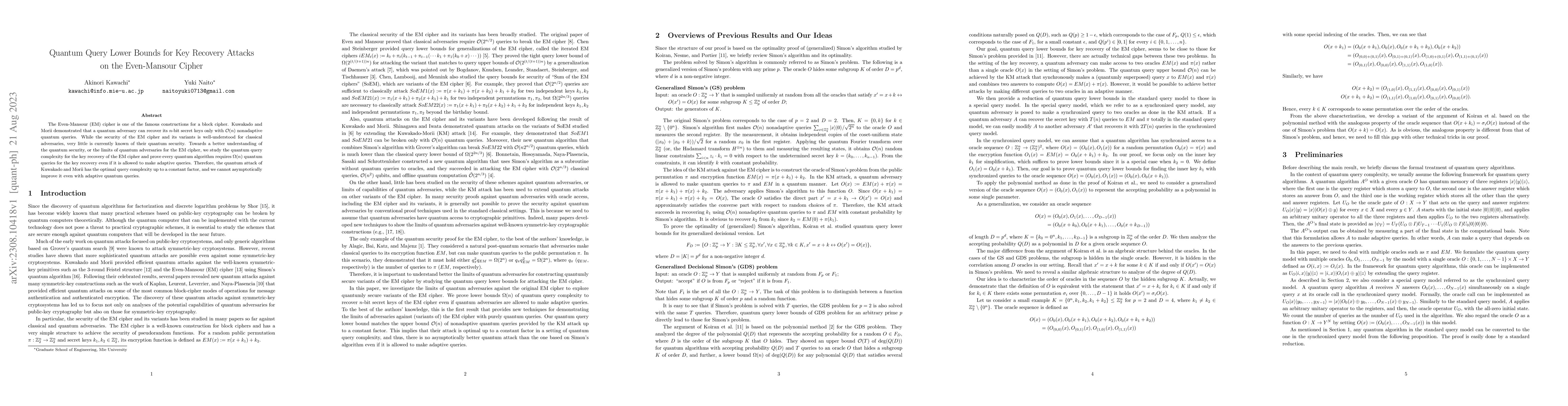 Thumbnail for Quantum Query Lower Bounds for Key Recovery Attacks on the Even-Mansour
  Cipher