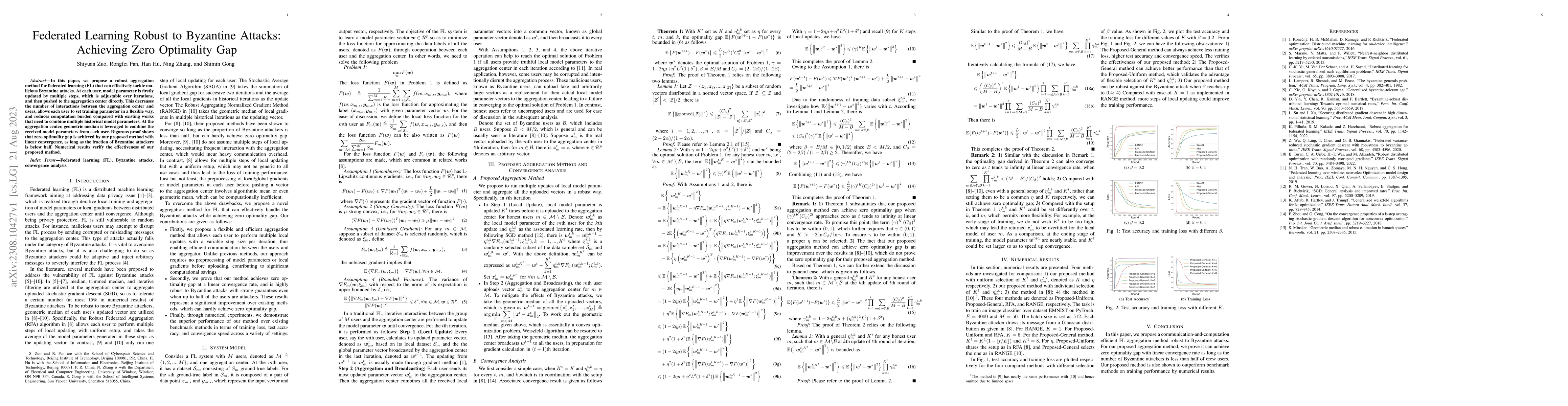 Thumbnail for Federated Learning Robust to Byzantine Attacks: Achieving Zero
  Optimality Gap
