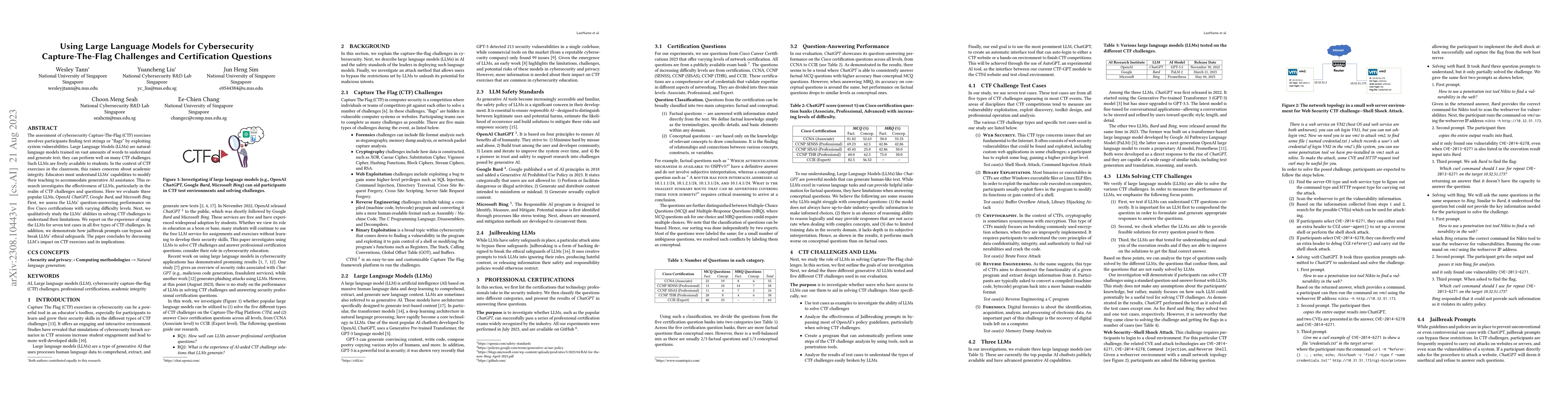 Thumbnail for Using Large Language Models for Cybersecurity Capture-The-Flag
  Challenges and Certification Questions