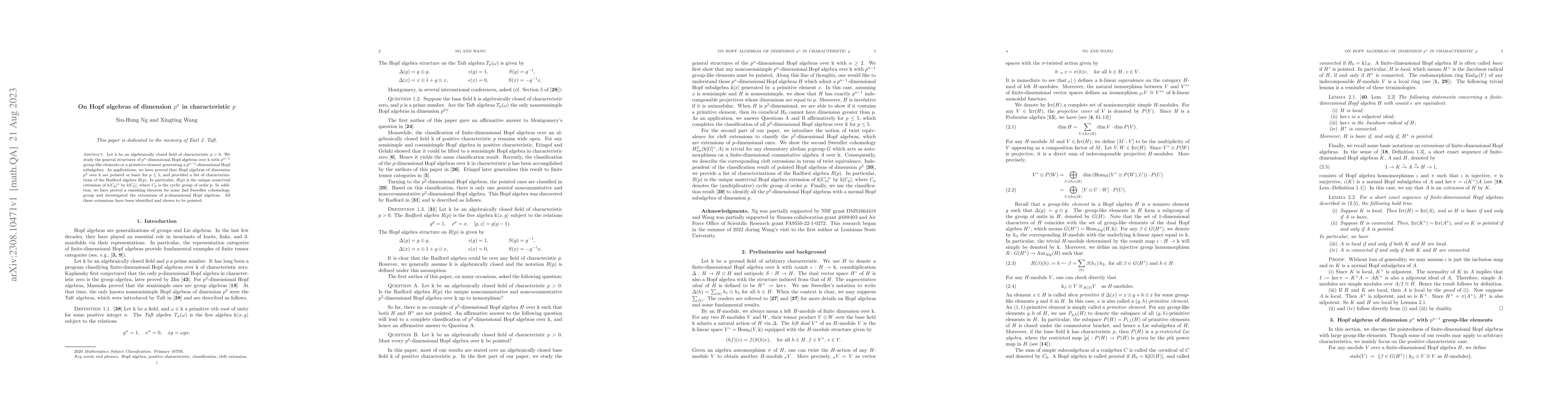 Thumbnail for On Hopf algebras of dimension $p^n$ in characteristic $p$