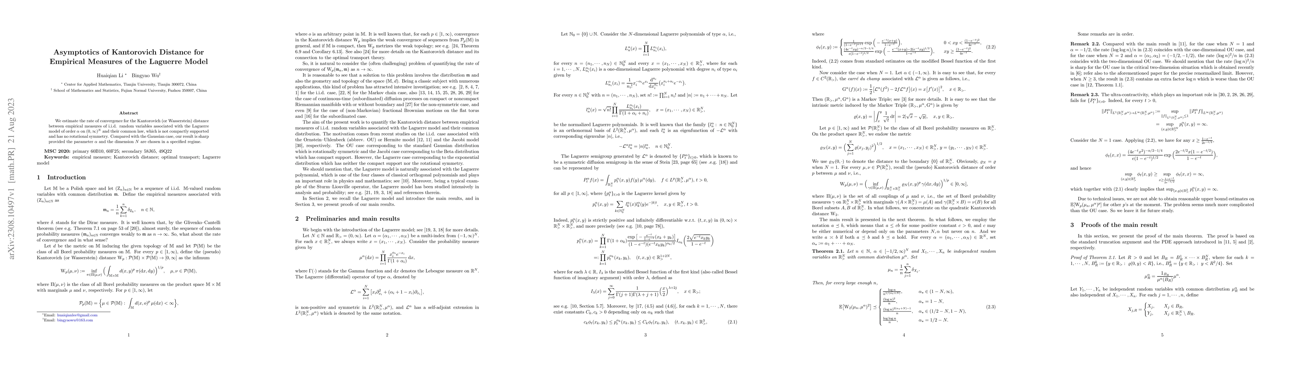 Thumbnail for Asymptotics of Kantorovich Distance for Empirical Measures of the
  Laguerre Model