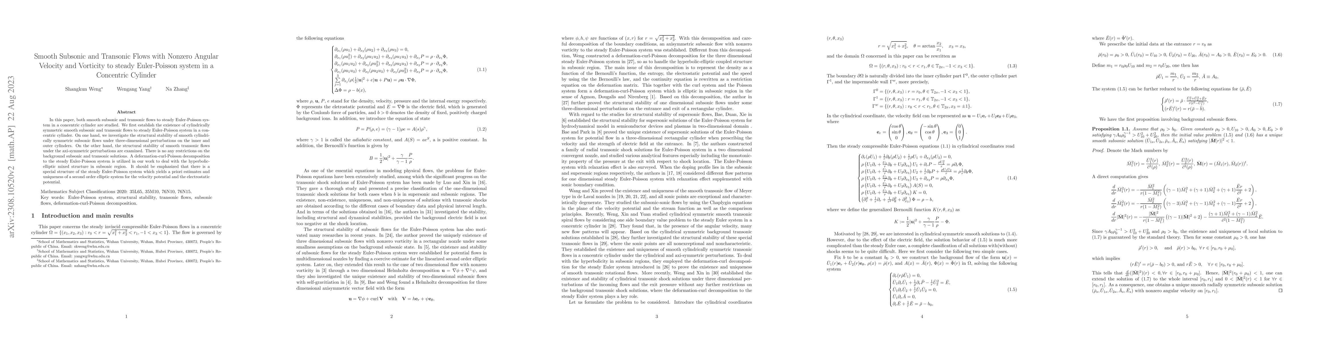 Thumbnail for Smooth Subsonic and Transonic Flows with Nonzero Angular Velocity and
  Vorticity to steady Euler-Poisson system in a Concentric Cylinder
