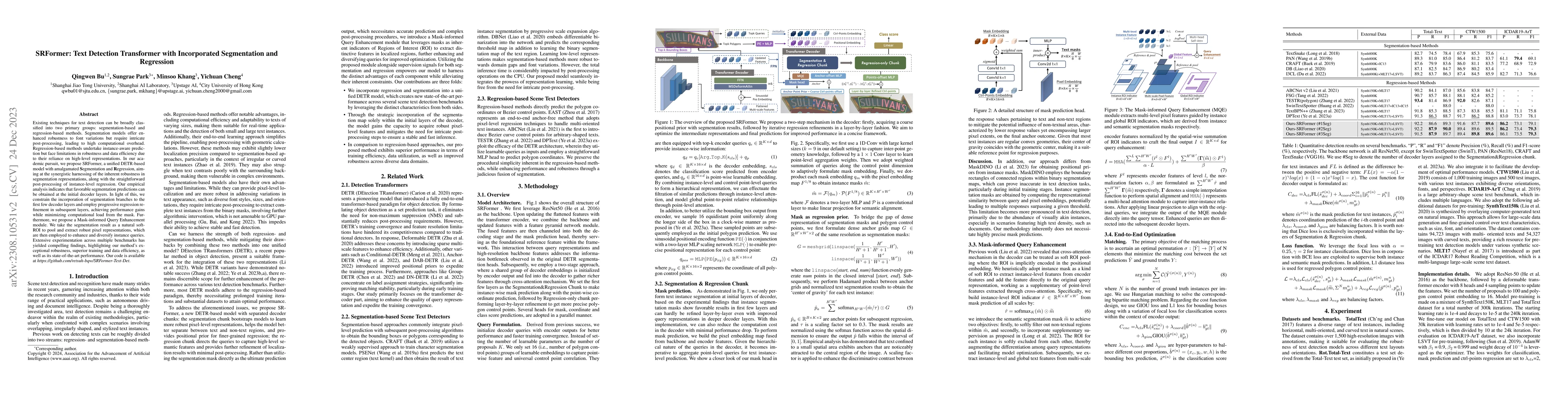 Thumbnail for SRFormer: Text Detection Transformer with Incorporated Segmentation and
  Regression