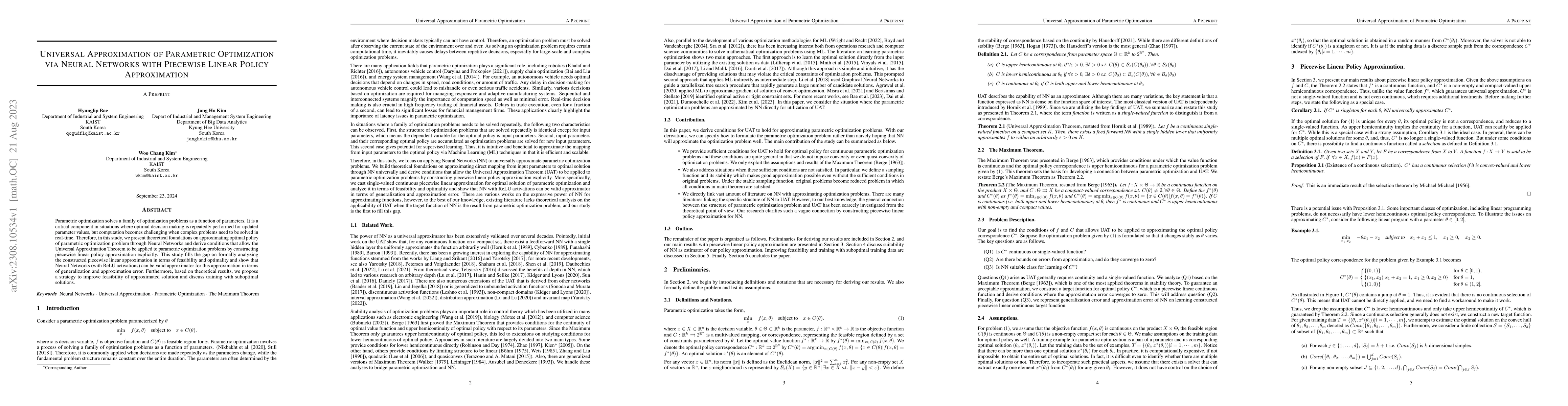 Thumbnail for Universal Approximation of Parametric Optimization via Neural Networks
  with Piecewise Linear Policy Approximation