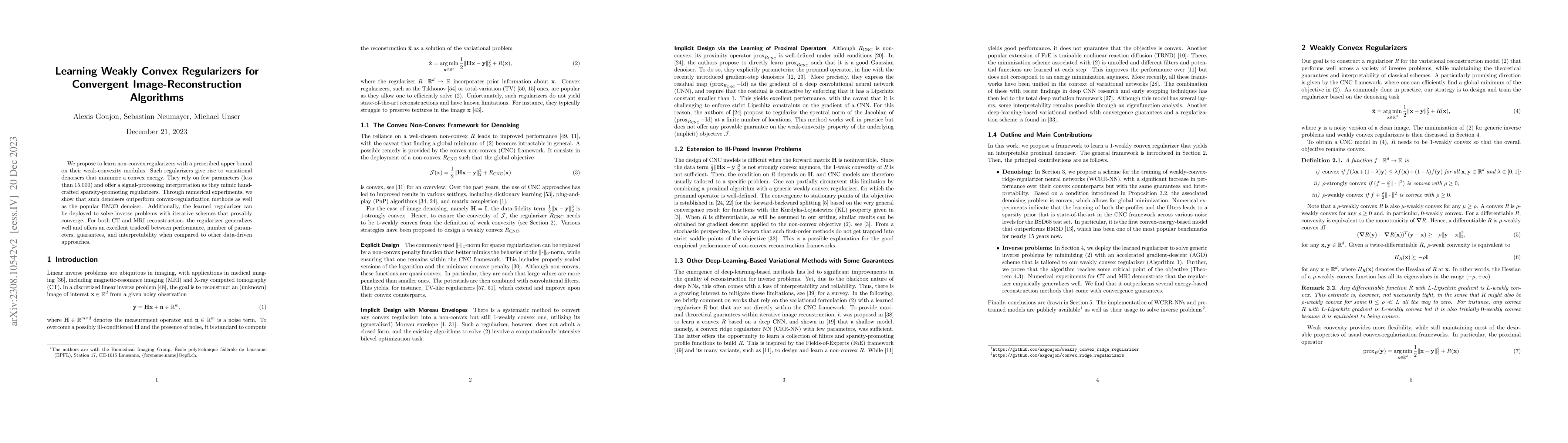 Thumbnail for Learning Weakly Convex Regularizers for Convergent Image-Reconstruction
  Algorithms