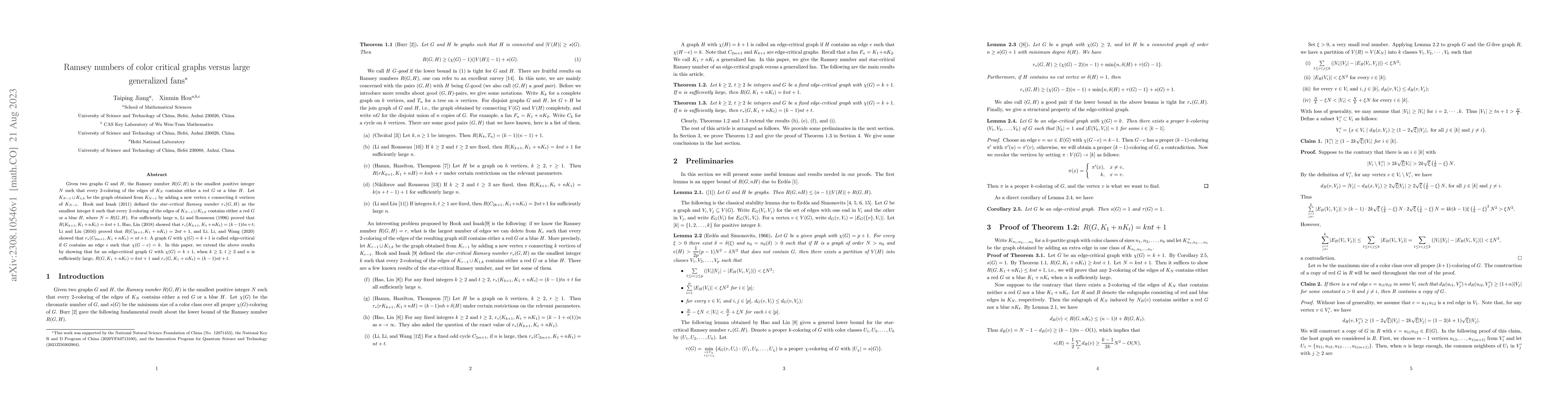 Thumbnail for Ramsey numbers of color critical graphs versus large generalized fans