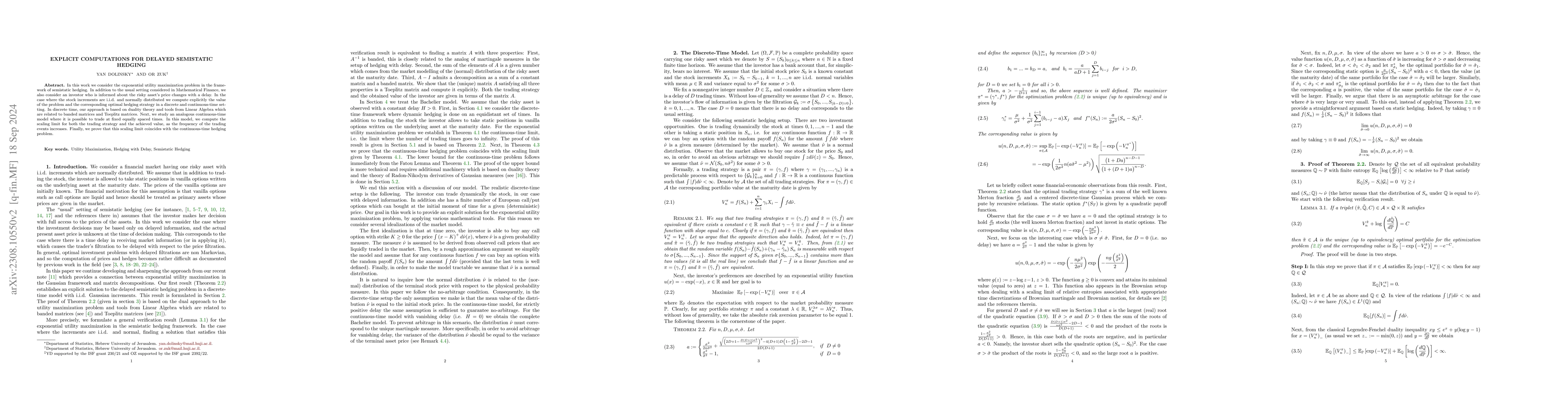 Thumbnail for Explicit Computations for Delayed Semistatic Hedging
