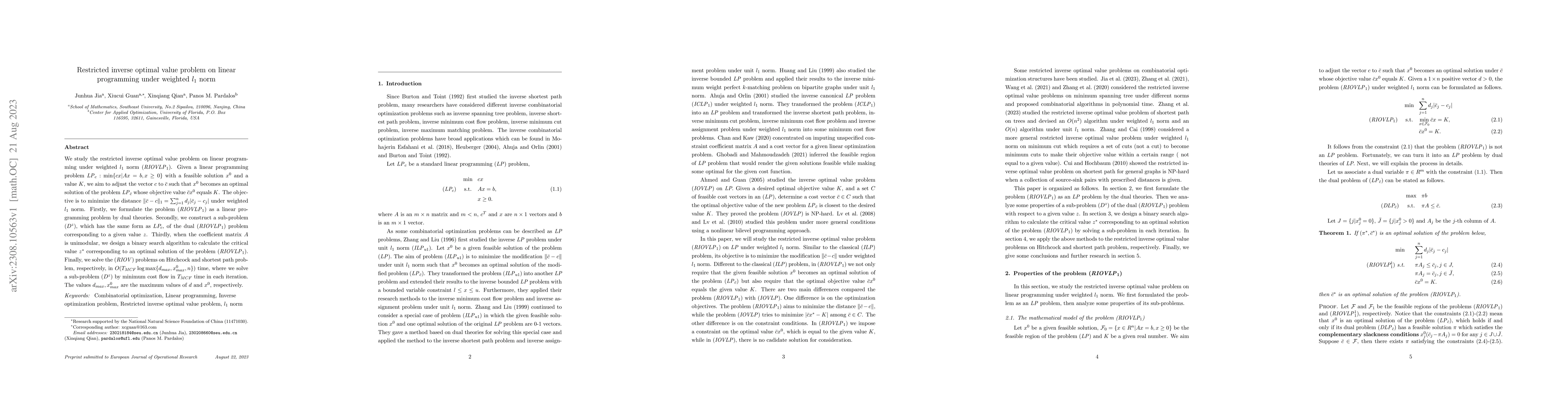 Thumbnail for Restricted inverse optimal value problem on linear programming under
  weighted $l_1$ norm