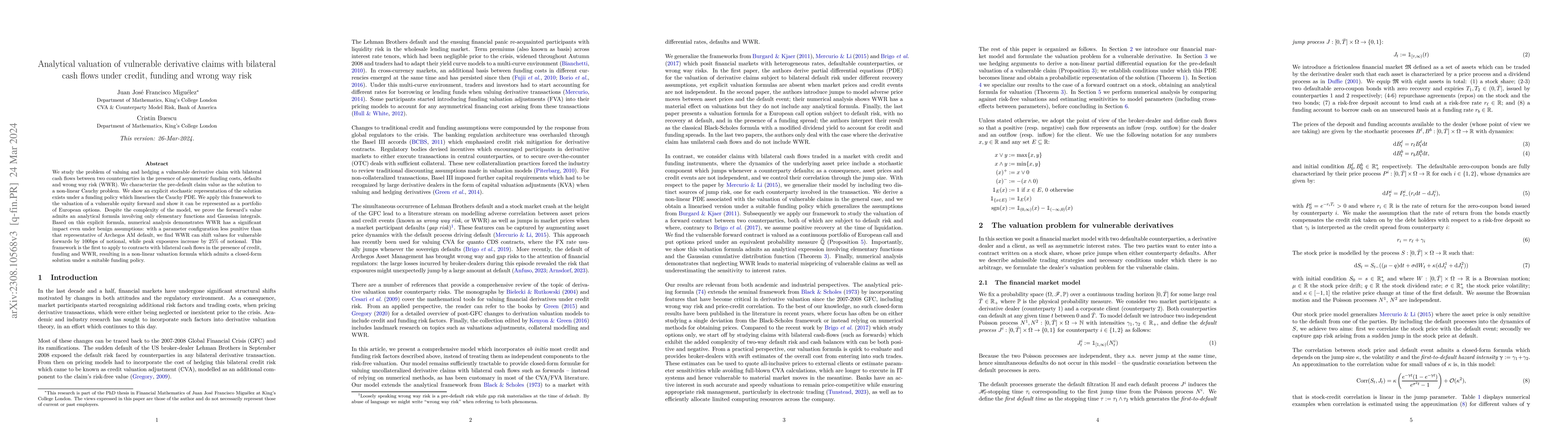 Thumbnail for Analytical valuation of vulnerable derivative claims with bilateral cash
  flows under credit, funding and wrong-way risk