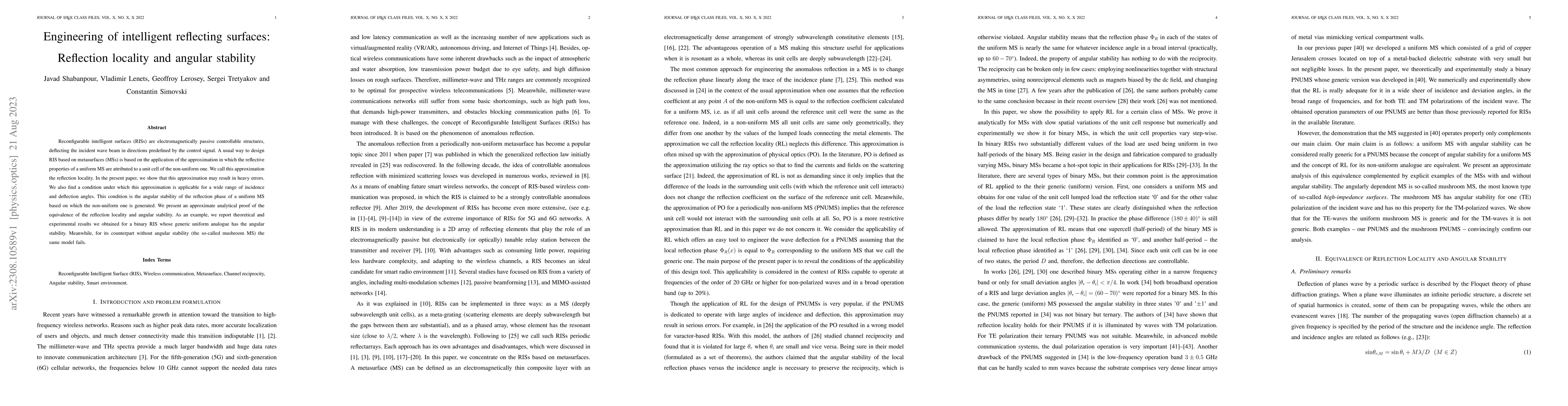 Thumbnail for Engineering of intelligent reflecting surfaces: Reflection locality and
  angular stability