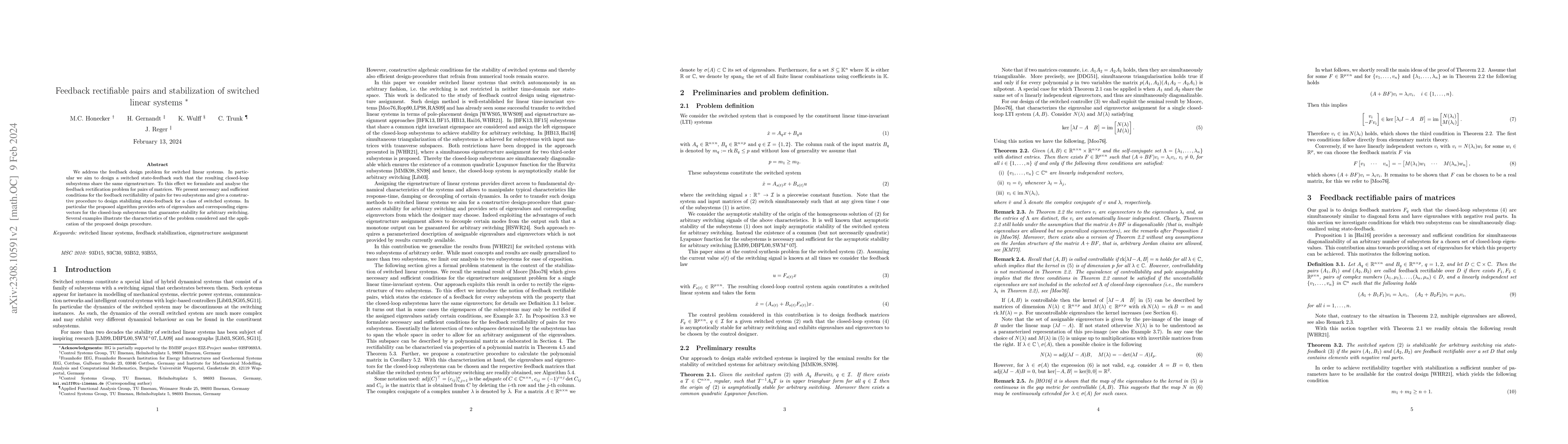 Thumbnail for Feedback rectifiable pairs and stabilization of switched linear systems