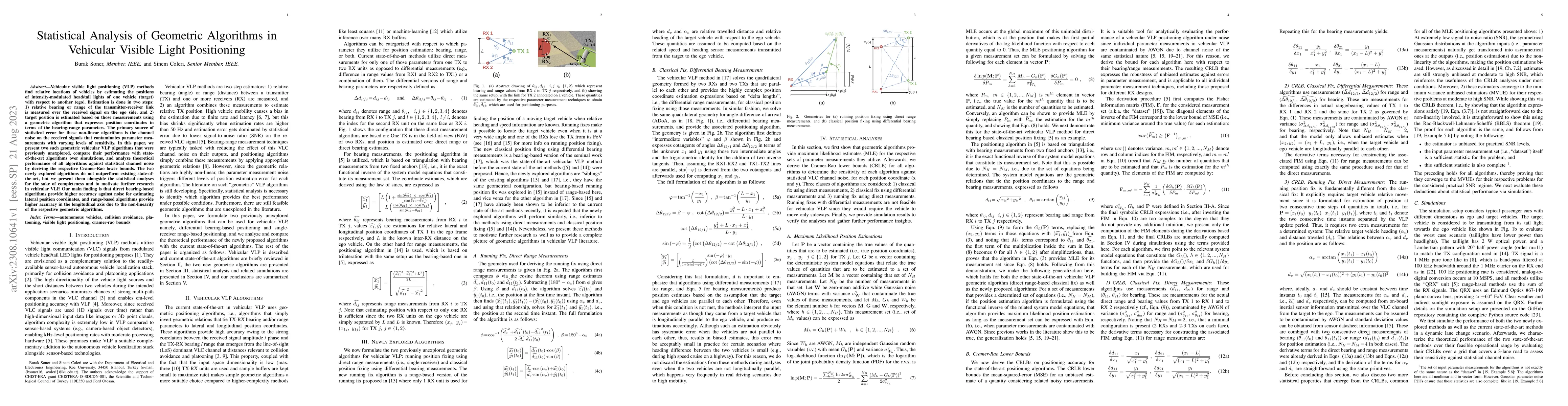 Thumbnail for Statistical Analysis of Geometric Algorithms in Vehicular Visible Light
  Positioning
