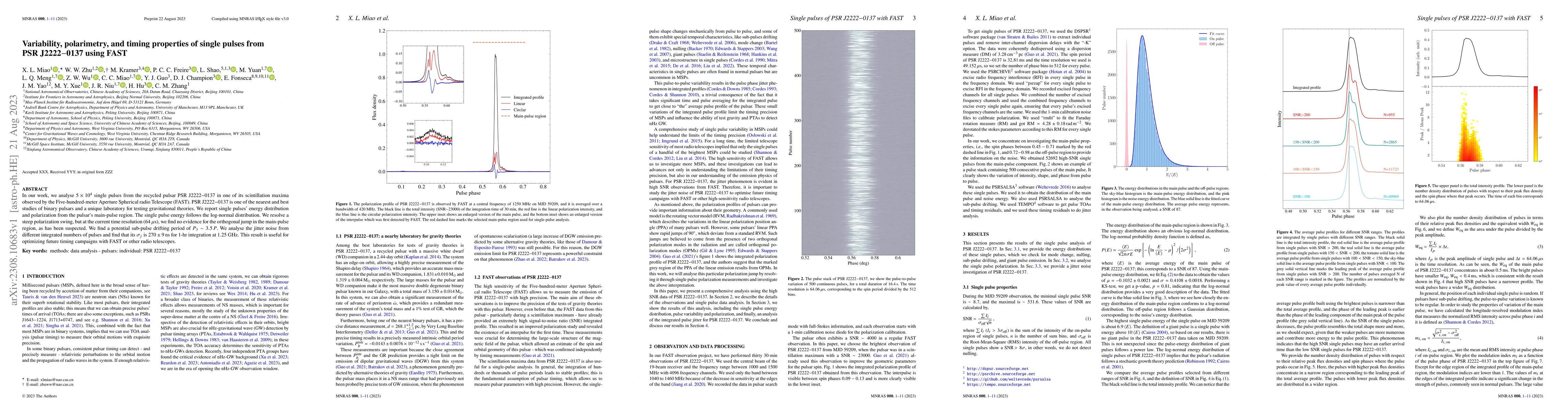 Thumbnail for Variability, polarimetry, and timing properties of single pulses from
  PSR J2222-0137 using FAST