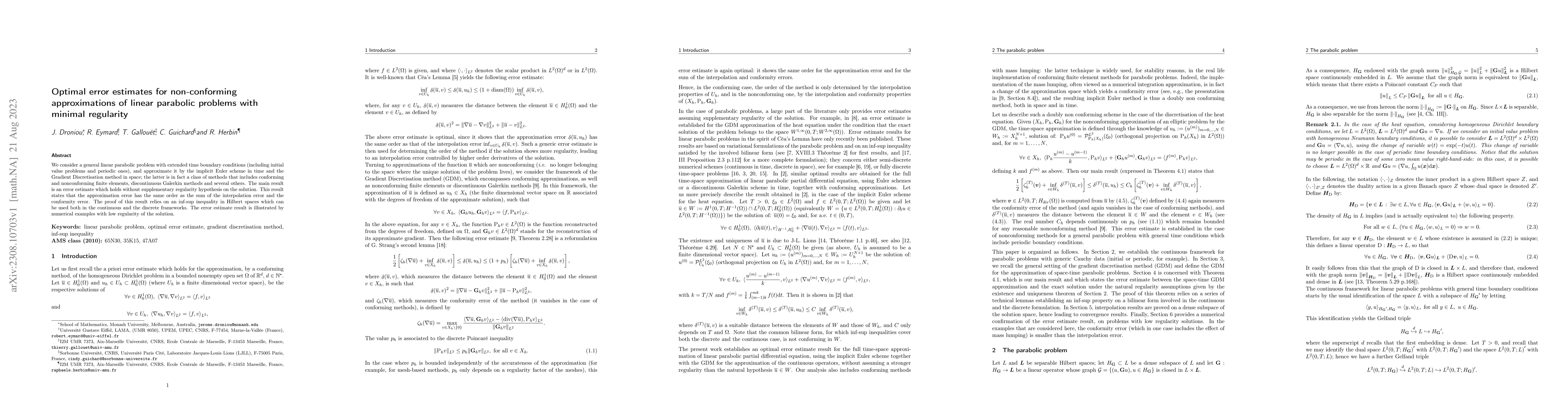 Thumbnail for Optimal error estimates for non-conforming approximations of linear
  parabolic problems with minimal regularity