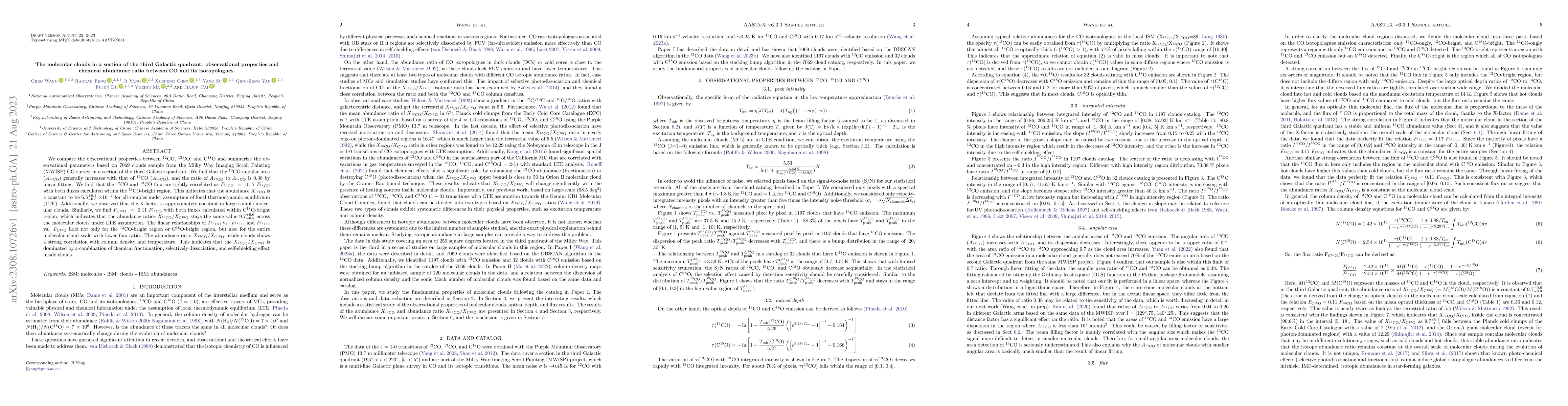 Thumbnail for The molecular clouds in a section of the third Galactic quadrant:
  observational properties and chemical abundance ratio between CO and its
  isotopologues