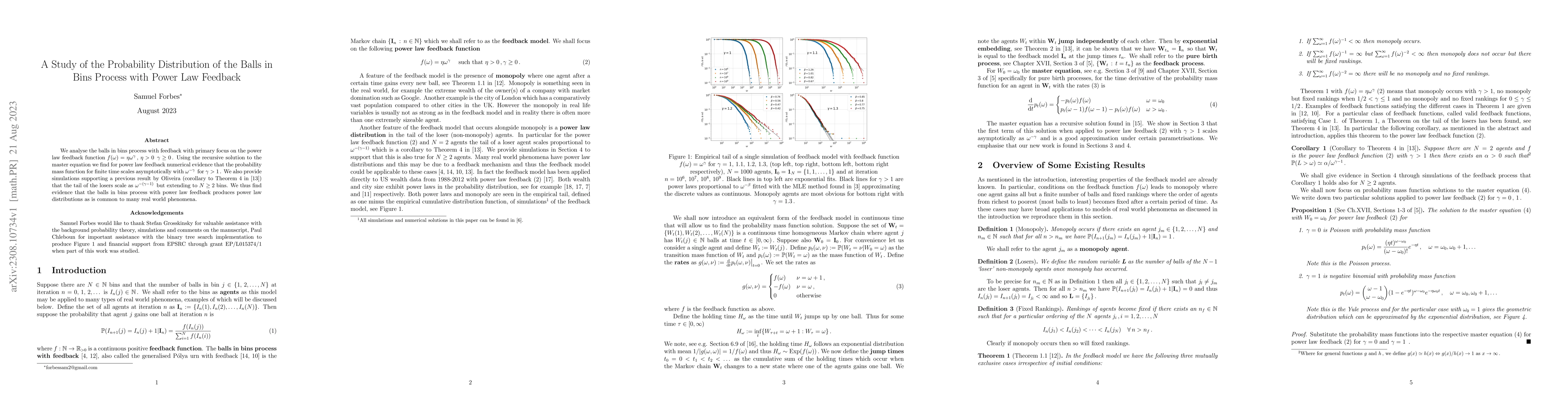 Thumbnail for A Study of the Probability Distribution of the Balls in Bins Process
  with Power Law Feedback