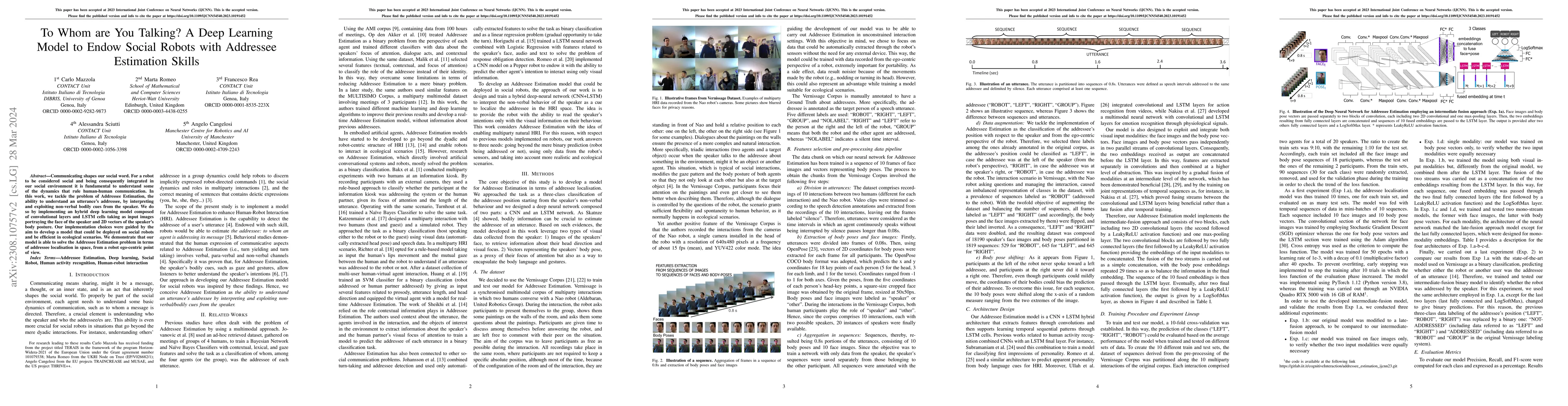Thumbnail for To Whom are You Talking? A Deep Learning Model to Endow Social Robots
  with Addressee Estimation Skills