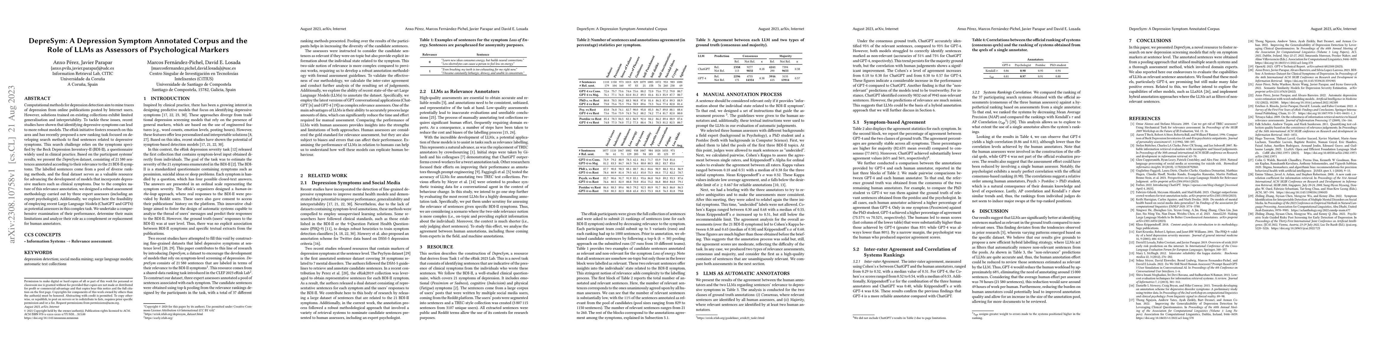 Thumbnail for DepreSym: A Depression Symptom Annotated Corpus and the Role of LLMs as
  Assessors of Psychological Markers