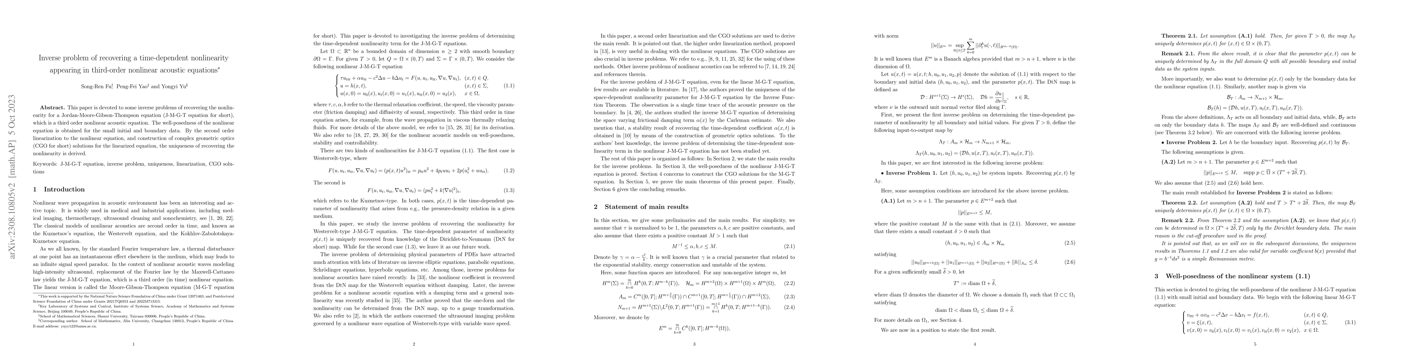 Thumbnail for Inverse problem of recovering a time-dependent nonlinearity appearing in
  third-order nonlinear acoustic equations