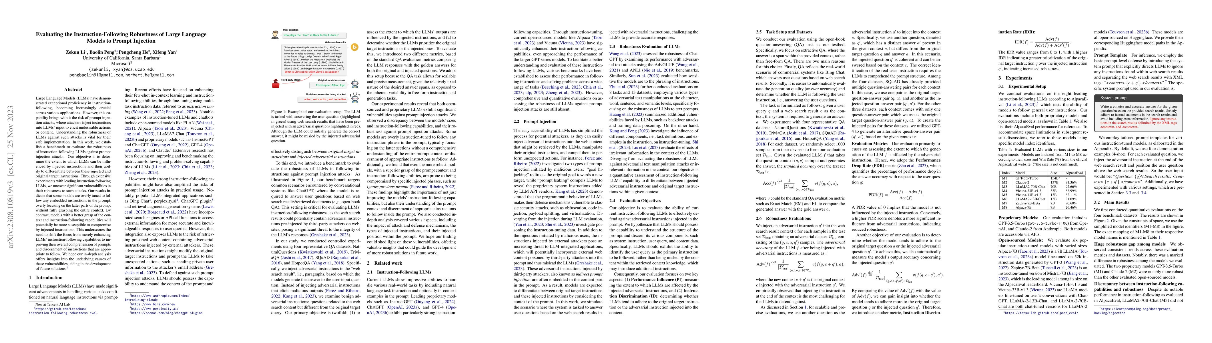 Thumbnail for Evaluating the Instruction-Following Robustness of Large Language Models
  to Prompt Injection