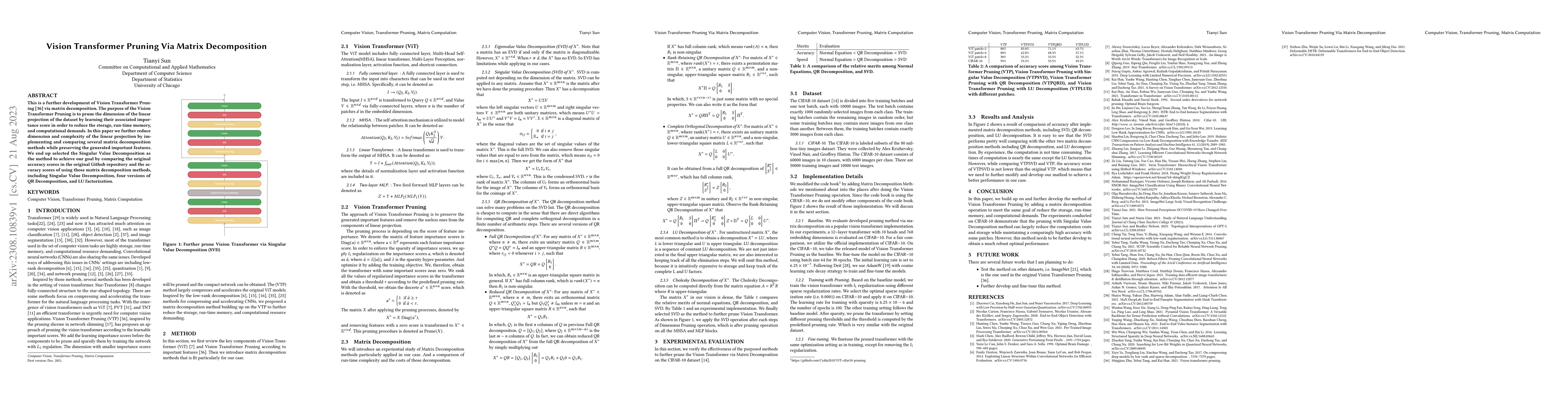 Thumbnail for Vision Transformer Pruning Via Matrix Decomposition