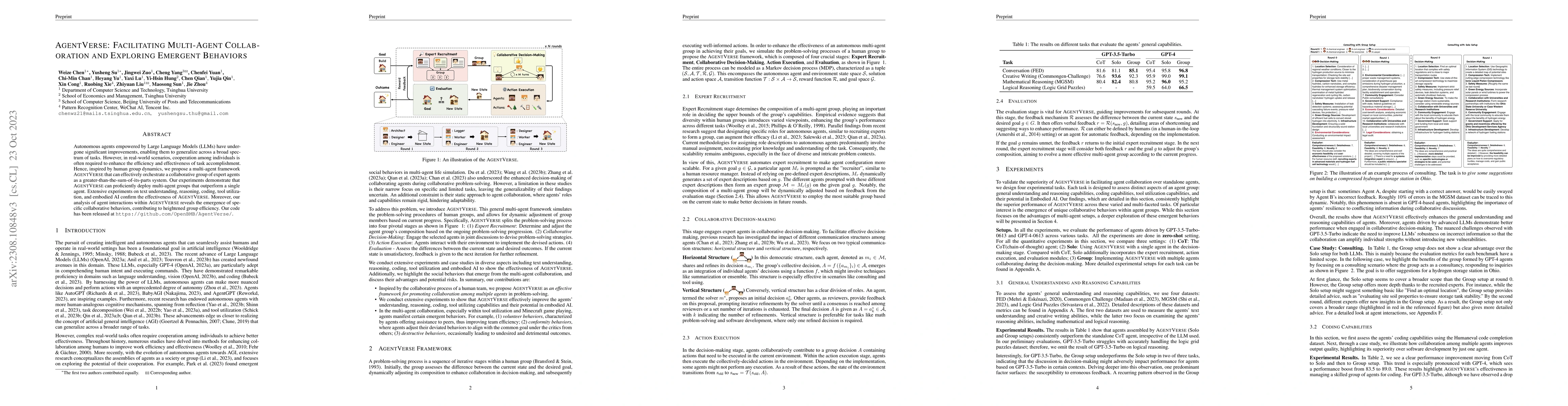 Thumbnail for AgentVerse: Facilitating Multi-Agent Collaboration and Exploring
  Emergent Behaviors