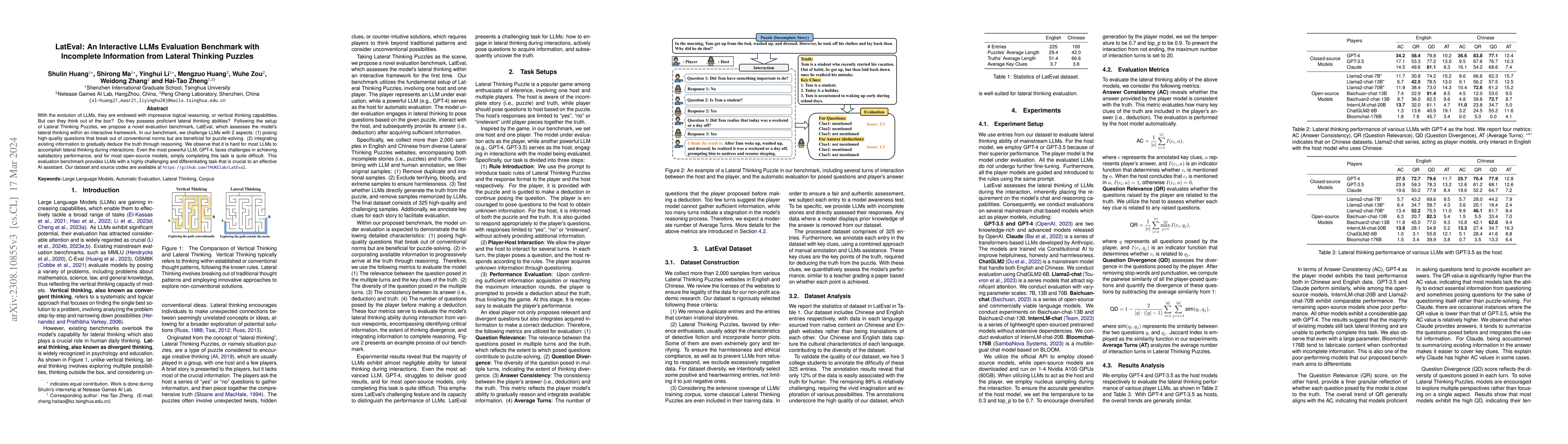 Thumbnail for LatEval: An Interactive LLMs Evaluation Benchmark with Incomplete
  Information from Lateral Thinking Puzzles