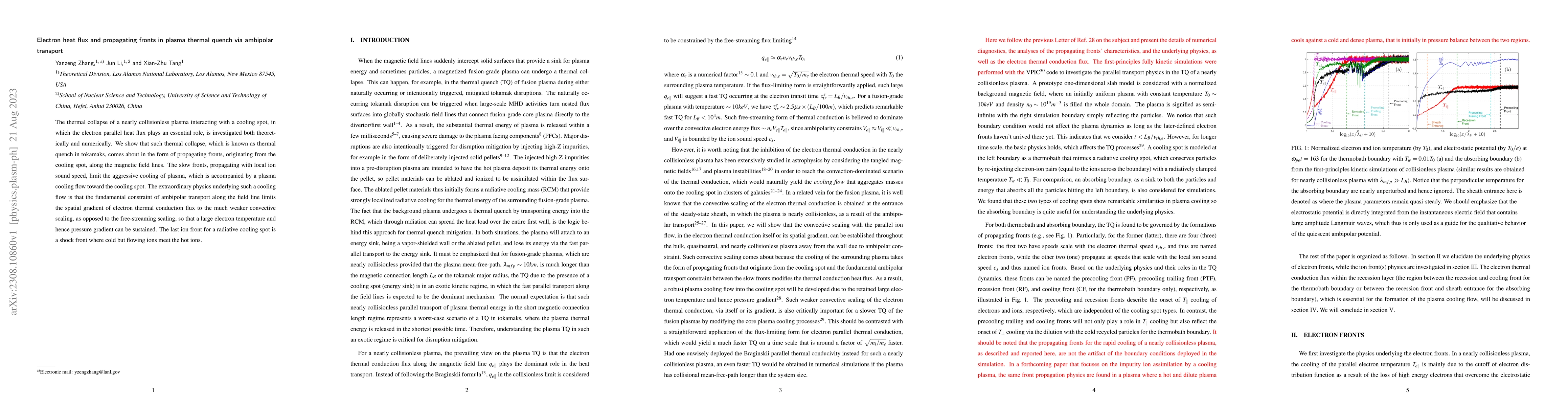 Thumbnail for Electron heat flux and propagating fronts in plasma thermal quench via
  ambipolar transport