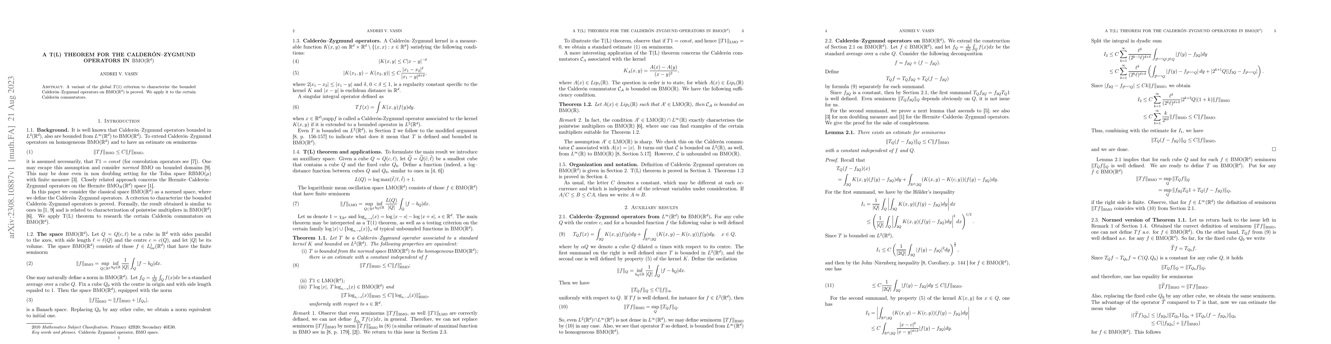 Thumbnail for A T(L) theorem for the Calder\'{o}n--Zygmund operators in
  BMO($\mathbb{R}^d$)