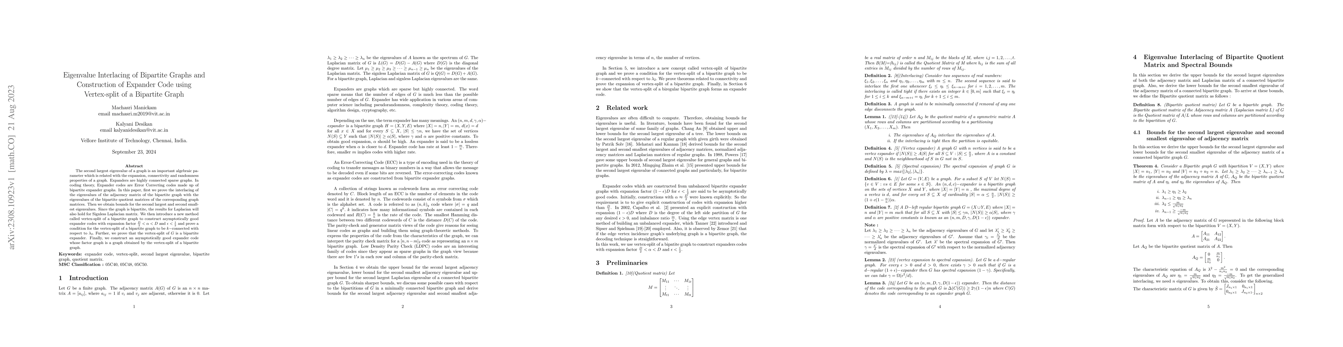 Thumbnail for Eigenvalue Interlacing of Bipartite Graphs and Construction of Expander
  Code using Vertex-split of a Bipartite Graph