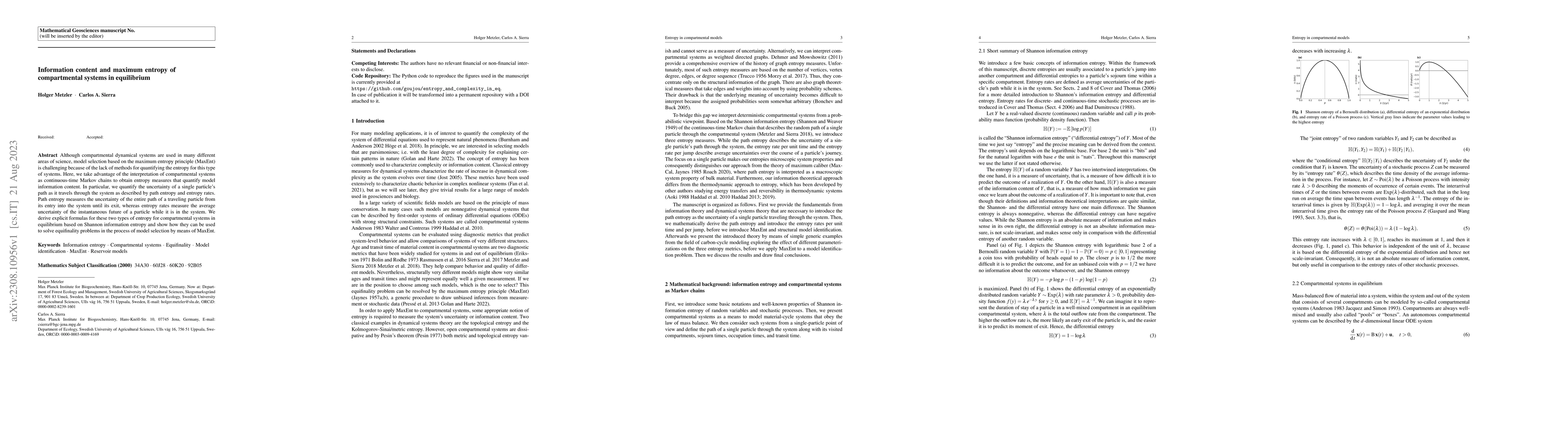 Thumbnail for Information content and maximum entropy of compartmental systems in
  equilibrium