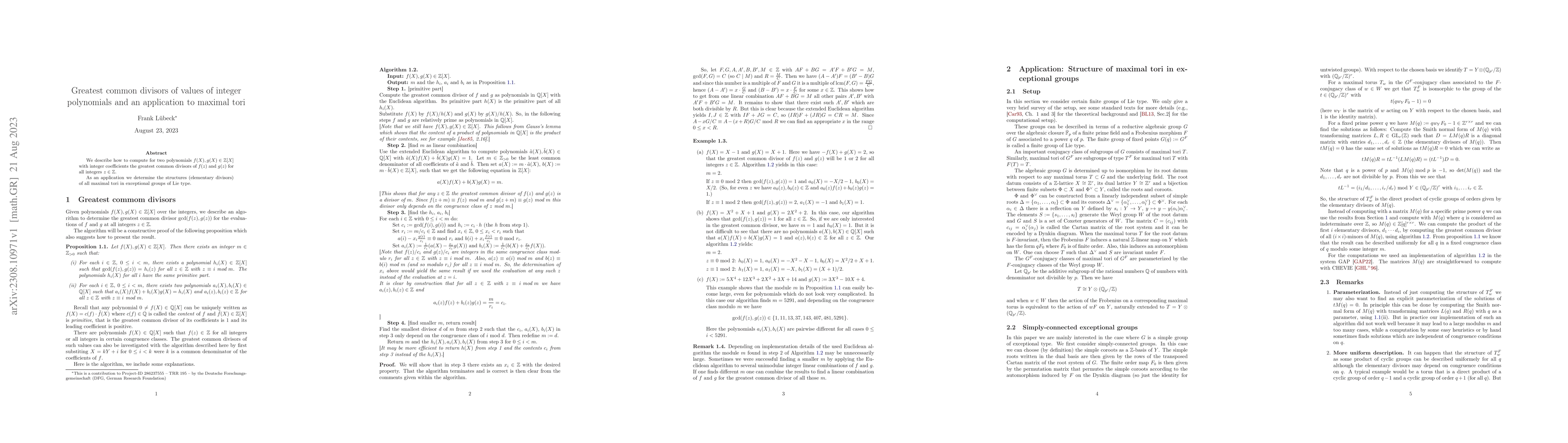 Thumbnail for Greatest common divisors of values of integer polynomials and an
  application to maximal tori