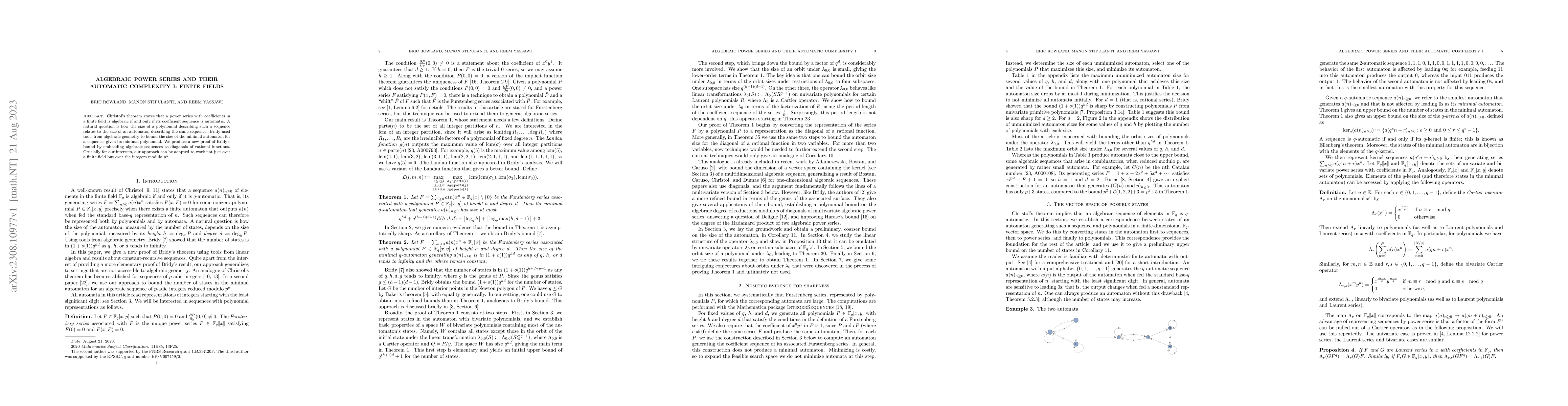 Thumbnail for Algebraic power series and their automatic complexity I: finite fields