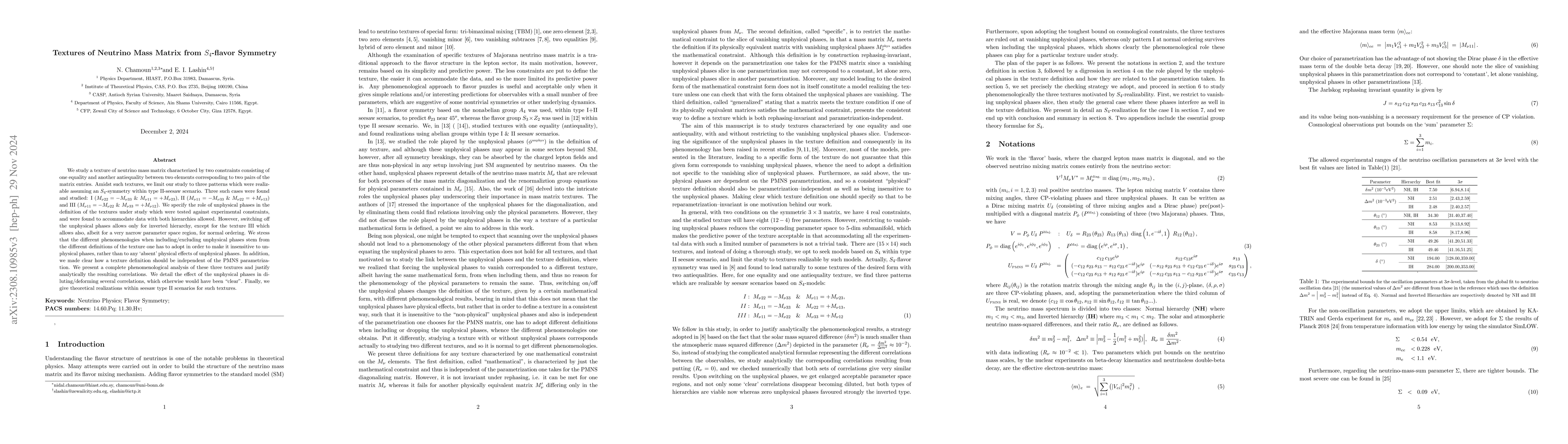 Thumbnail for Textures of Neutrino Mass Matrix from $S_4$-flavor Symmetry