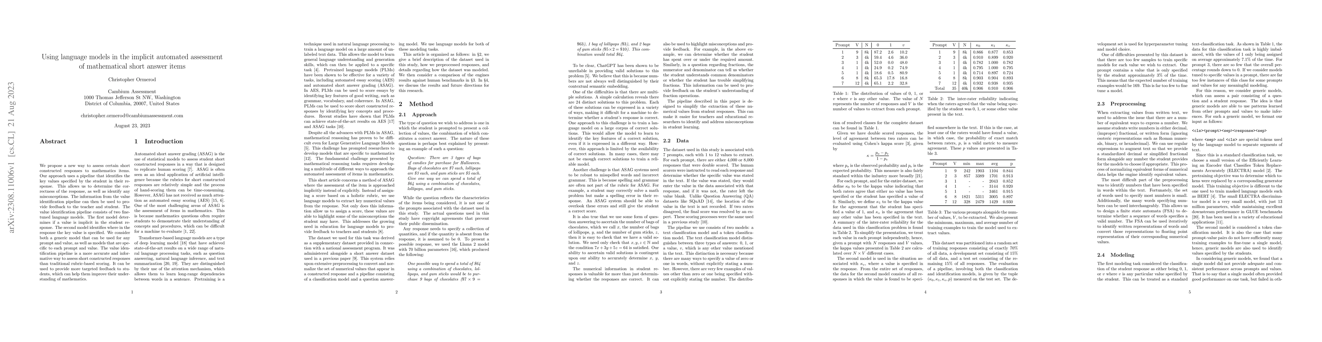 Thumbnail for Using language models in the implicit automated assessment of
  mathematical short answer items