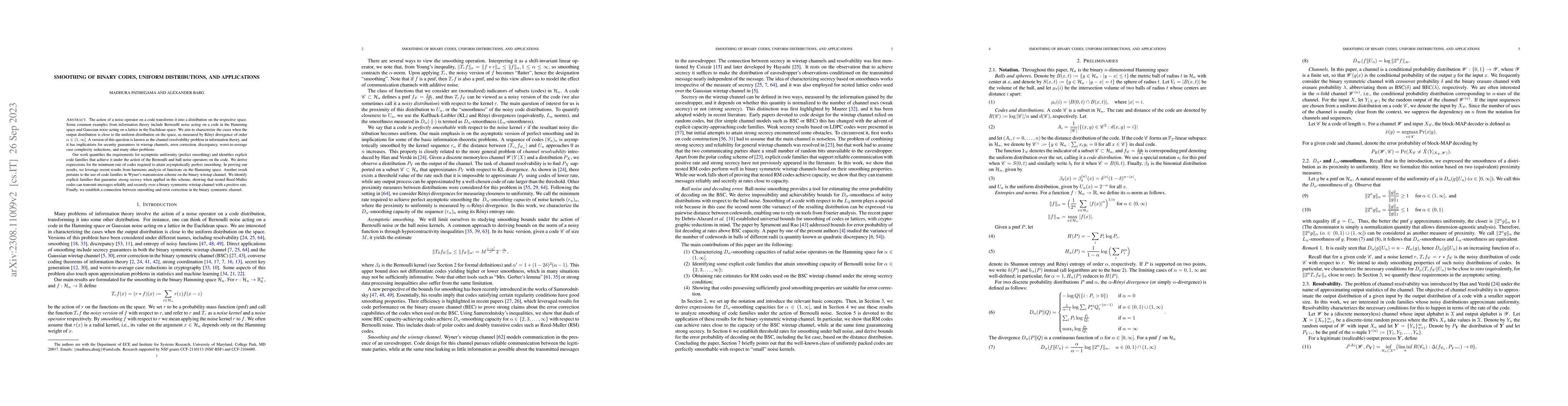 Thumbnail for Smoothing of binary codes, uniform distributions, and applications