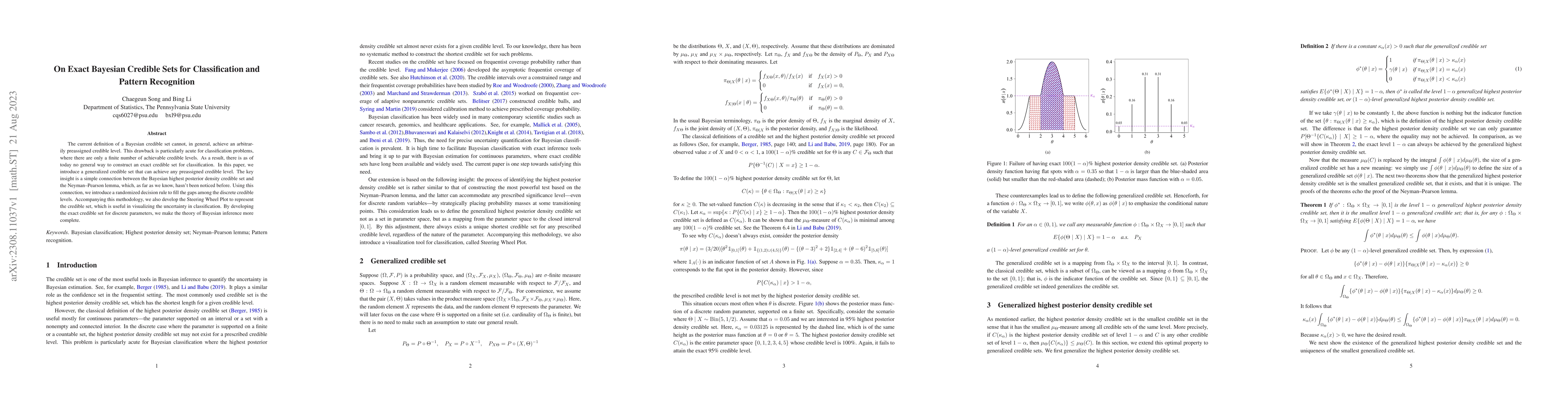 Thumbnail for On Exact Bayesian Credible Sets for Classification and Pattern
  Recognition
