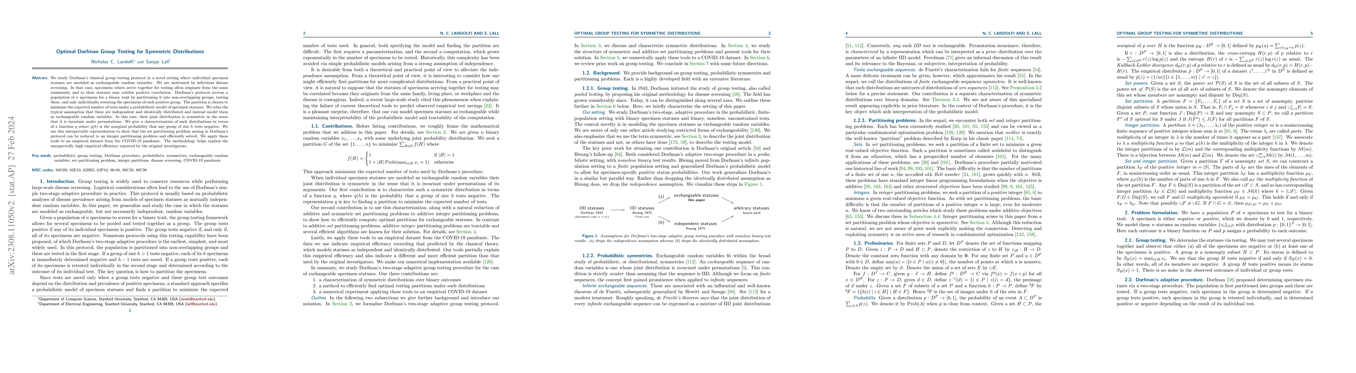 Thumbnail for Optimal Dorfman Group Testing for Symmetric Distributions